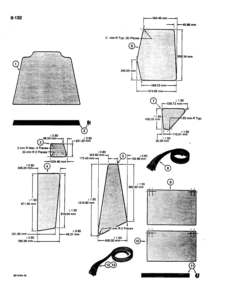 Схема запчастей Case 680L - (9-132) - CAB GLASS - METRIC DIMENSIONS (09) - CHASSIS/ATTACHMENTS