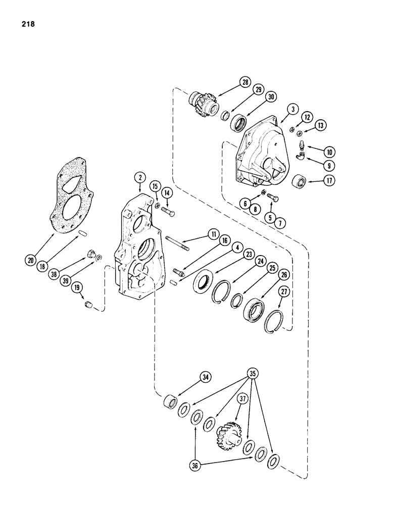 Схема запчастей Case 584D - (218) - TRANSAXLE TRANSFER GEAR BOX, PRIOR TO TRANSMISSION SERIAL NO 16249203, 4WD (27) - REAR AXLE SYSTEM