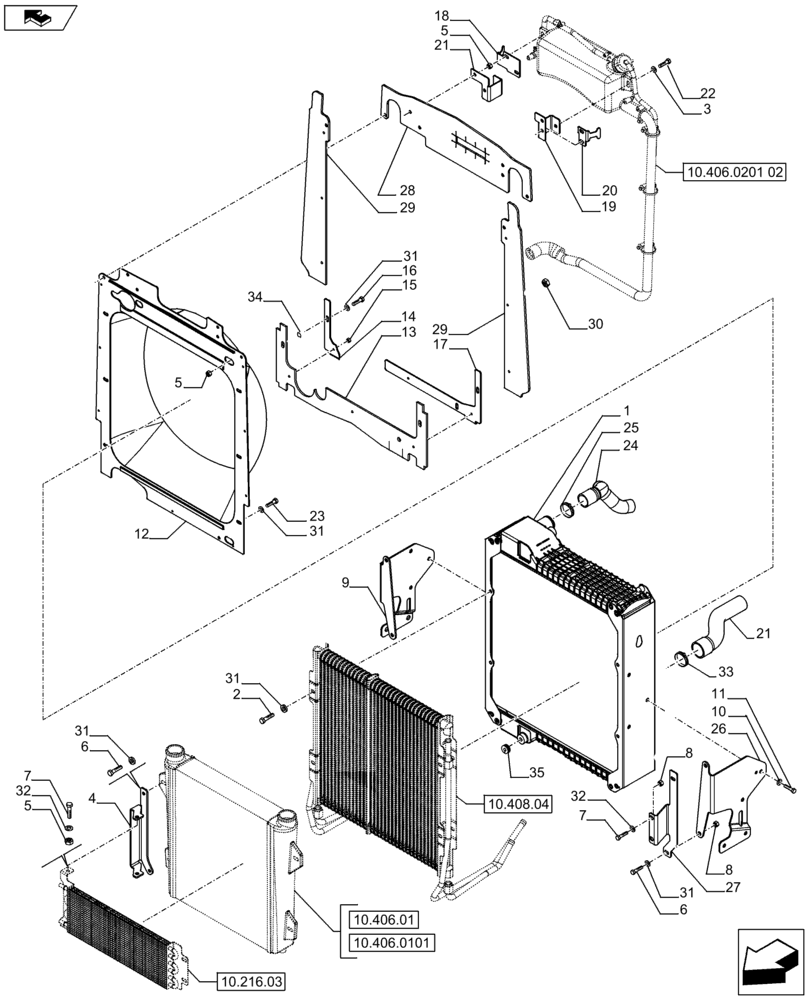 Схема запчастей Case 590SN - (10.406.0201[01]) - VAR - 423000, 442082, 747853, 747854, 747855 - RADIATOR & SHROUD, MOUNTING PARTS (10) - ENGINE