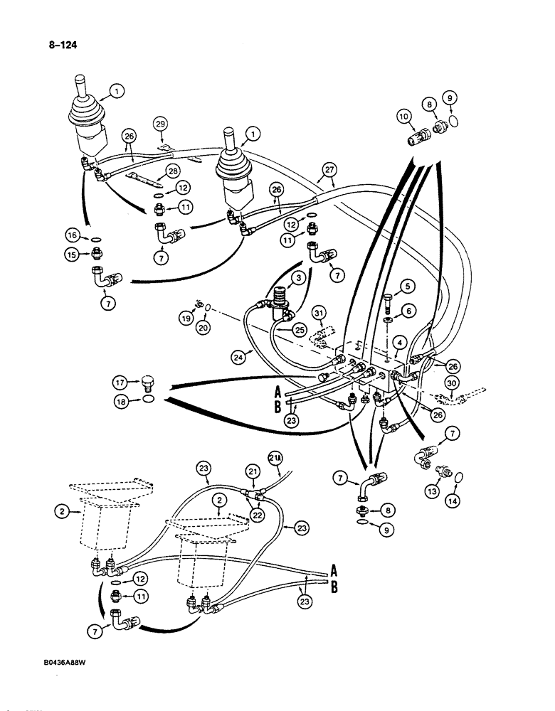 Схема запчастей Case 125B - (8-124) - HYDRAULIC CIRCUIT FOR CONTROLS, MANIFOLD TO HAND & FOOT CONTROL VALVES (08) - HYDRAULICS