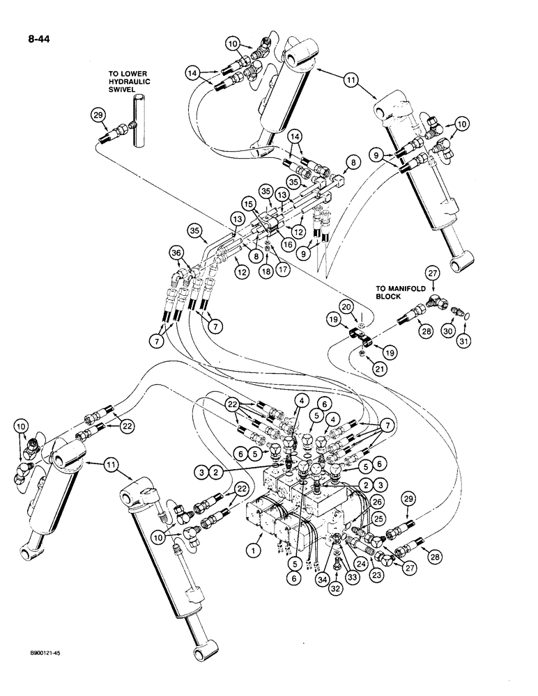 Схема запчастей Case 1085C - (8-044) - FRONT AND REAR OUTRIGGER HYDRAULICS, USED ON MODELS WITH FOUR SPOOL CONTROL VALVE (08) - HYDRAULICS