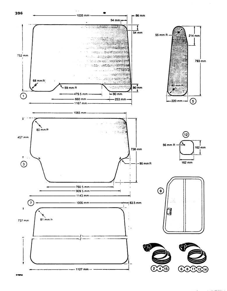 Схема запчастей Case 850B - (396) - CAB GLASS, METRIC DIMENSIONS (05) - UPPERSTRUCTURE CHASSIS