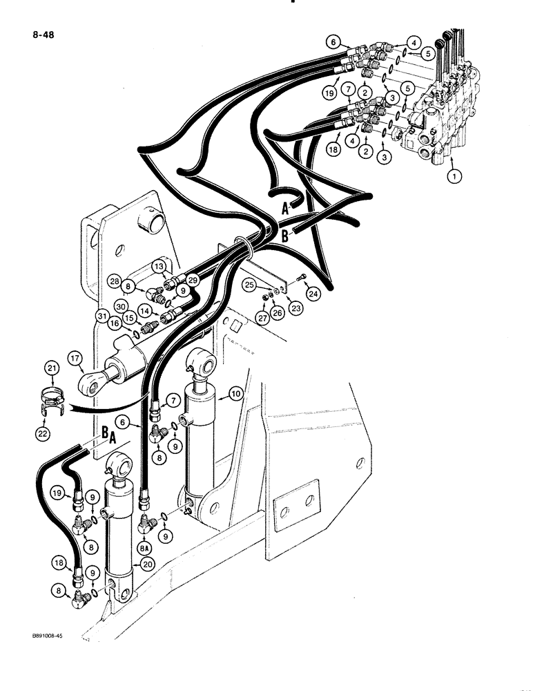 Схема запчастей Case 480E - (8-048) - PTO AND THREE-POINT HITCH CYLINDER HYDRAULIC CIRCUIT, USED WITH HYD. HITCH (08) - HYDRAULICS