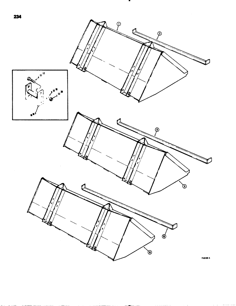 Схема запчастей Case 1845 - (234) - BUCKETS, FERTILIZER AND GRAIN BUCKET, STOCKYARD BUCKET, SNOW AND LITTER BUCKET (82) - FRONT LOADER & BUCKET