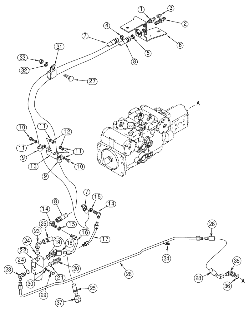 Схема запчастей Case 85XT - (08-12) - HYD COUP SYS, GEAR PUMP TO HOSE MTG BRACKET, MODELS WITH 7/16" & 9/16" HYD. LINES TO SOLENOID VALVE (08) - HYDRAULICS