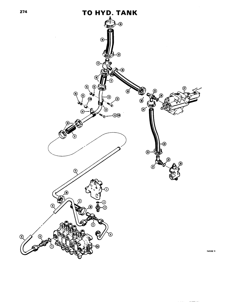 Схема запчастей Case 680E - (274) - EQUIPMENT HYDRAULIC CIRCUIT, RETURN LINES, BEFORE TRACTOR SN (35) - HYDRAULIC SYSTEMS