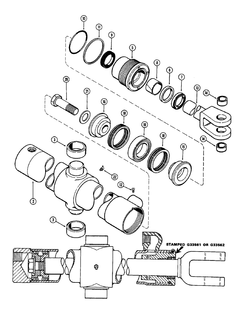 Схема запчастей Case 680CK - (254) - G33561 AND G33562 LOADER BUCKET CYLINDERS, 3" DIA. CYL. W/ 23 1/2" STROKE, GLAND W/ CENTER BEARING (35) - HYDRAULIC SYSTEMS