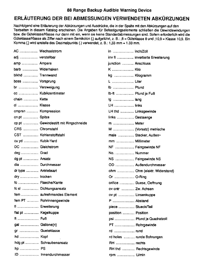 Схема запчастей Case 788 - (1-12) - EXPLANATION OF DIMENSION ABBREVIATIONS (GERMAN) 
