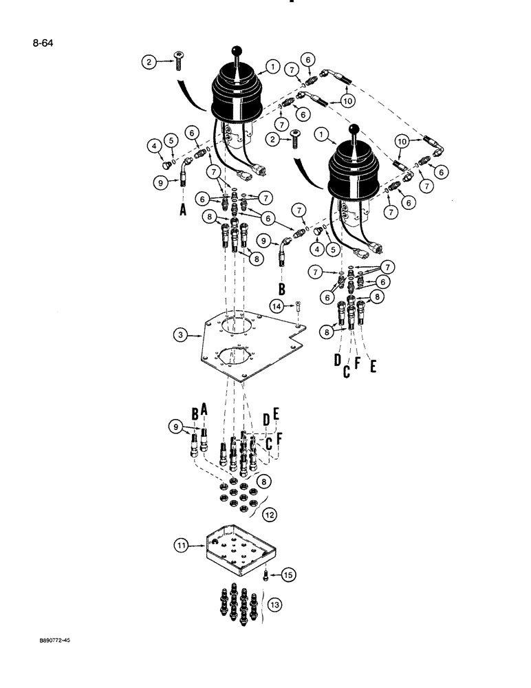 Схема запчастей Case 821 - (8-064) - REMOTE LOADER CONTROL CIRCUIT, TWO LEVERS WITH FOUR SPOOL VALVE (08) - HYDRAULICS