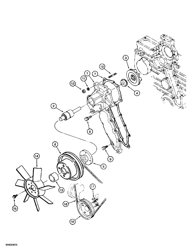 Схема запчастей Case 560 - (2-02) - WATER PUMP AND FAN, KUBOTA V2203 ENGINE, PRIOR TO P.I.N. JAF0295741 (02) - ENGINE