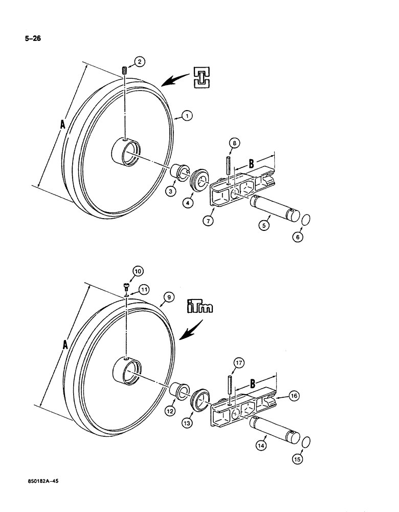 Схема запчастей Case 125B - (5-26) - TRACK IDLER, WITH 22-13/16" (580 MM) IDLER WHEEL DIAMETER ( "A" DIMENSION), PIN 74251 THROUGH 74879 (11) - TRACKS/STEERING