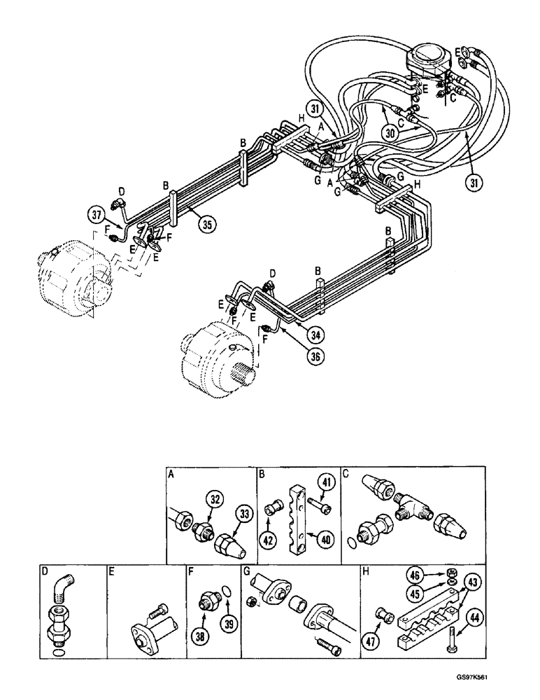 Схема запчастей Case 220B - (7-4) - LOWER TRACK DRIVE, DRIVE RANGE AND BRAKE HYDRAULIC LINES, P.I.N. 74441 THROUGH 74569 (CONT) (07) - BRAKES