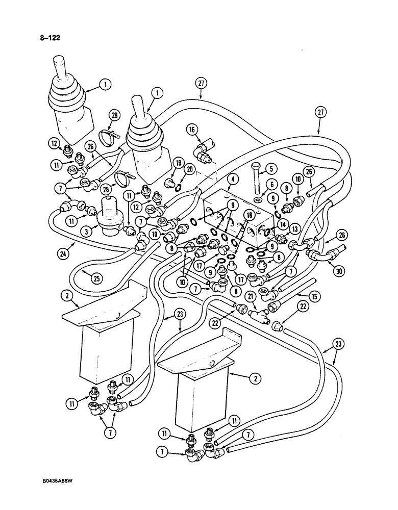 Схема запчастей Case 125B - (8-122) - HYDRAULIC CIRCUIT FOR CONTROLS, MANIFOLD TO HAND AND FOOT CONTROL VALVES, P.I.N. 74631 THRU 74844 (08) - HYDRAULICS