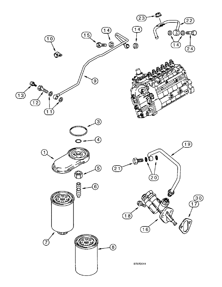 Схема запчастей Case 9040B - (3-20) - FUEL FILTER AND TRANSFER PUMP, 6T-830 EMISSIONS CERTIFIED ENGINE, P.I.N. DAC04#2001 AND AFTER (03) - FUEL SYSTEM