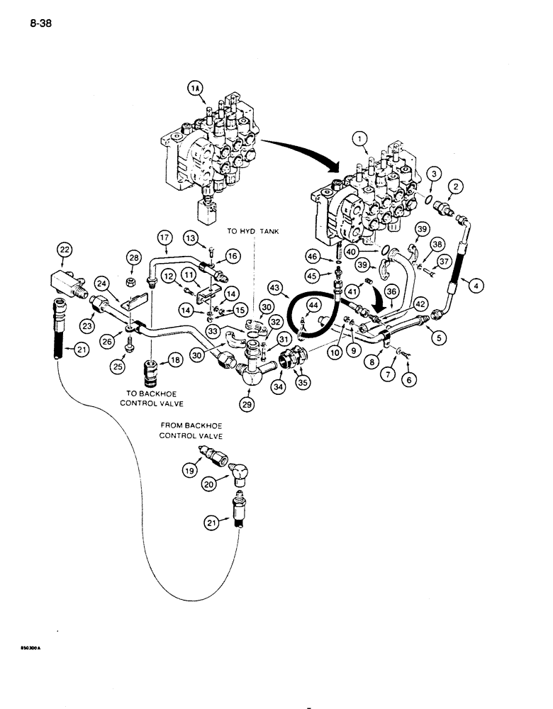 Схема запчастей Case 850D - (8-038) - BACKHOE HYDRAULIC CIRCUIT, CONTROL VALVE TO BACKHOE AND RESERVOIR (08) - HYDRAULICS