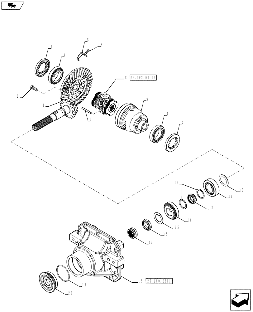 Схема запчастей Case 580SN WT - (25.102.04[01]) - DIFFERENTIAL ASSY - GEAR SET - 4WD (25) - FRONT AXLE SYSTEM