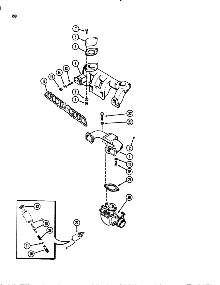 Схема запчастей Case 1845 - (028) - MANIFOLDS, (159) SPARK IGNITION ENGINE, CARBURETOR (10) - ENGINE