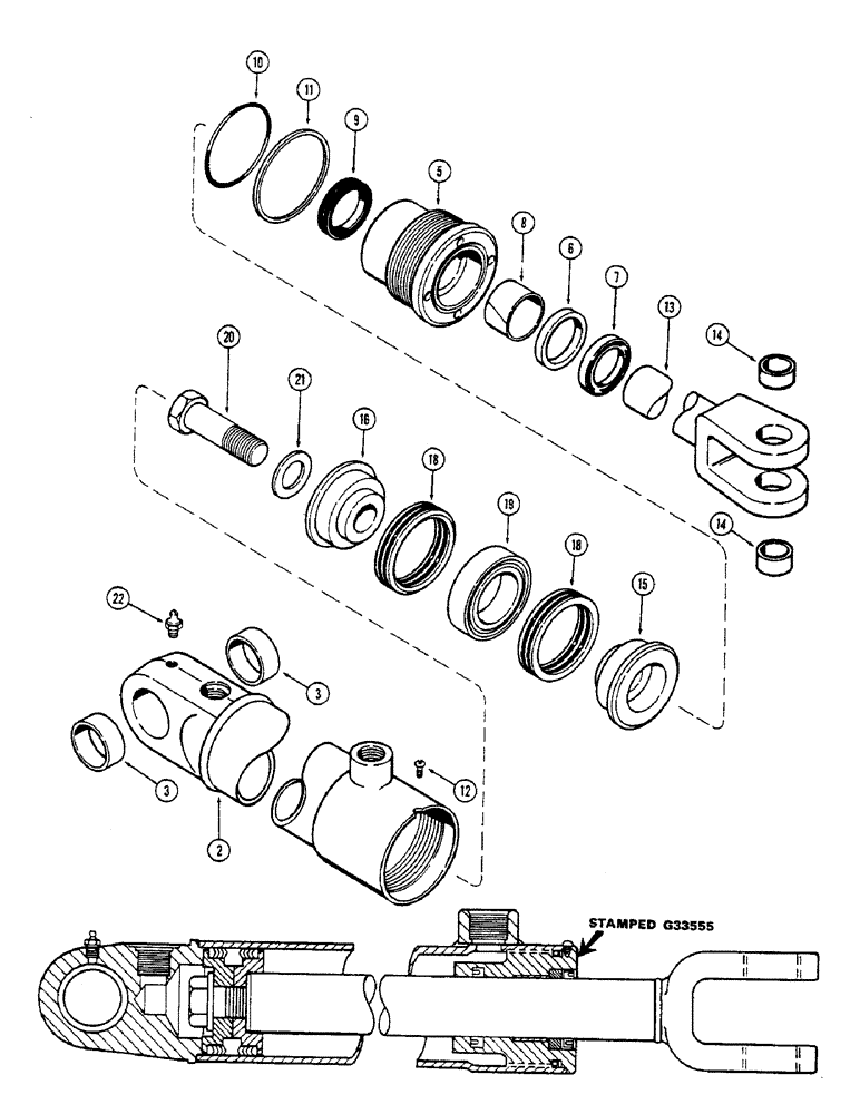 Схема запчастей Case 680CK - (252) - G33555 LOADER HYDRA-LEVELING CYLINDER, 3" DIA. CYLINDER WITH 7 1/4 " STROKE GLAND W/ CENTER BEARING (35) - HYDRAULIC SYSTEMS