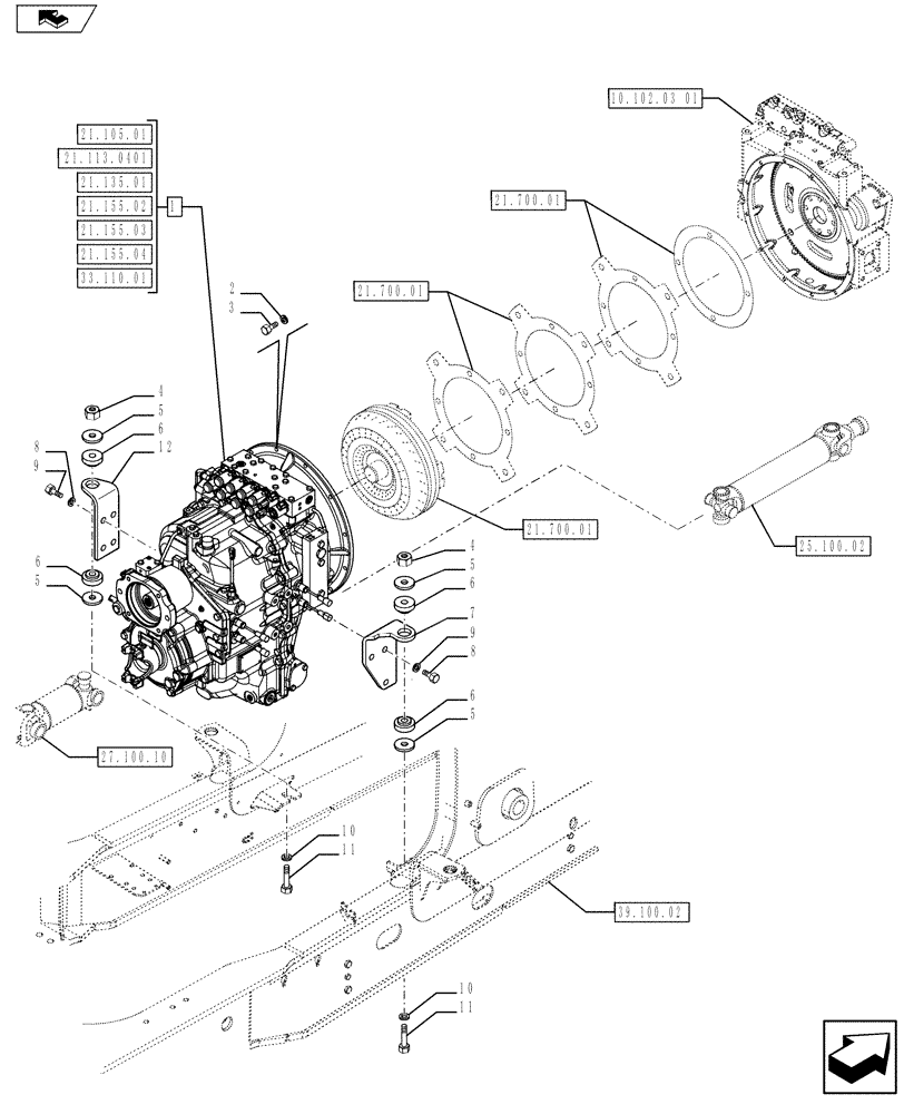 Схема запчастей Case 590SN - (21.113.0101) - VAR - 423061 - TRANSMISSION POWERSHIFT S-TYPE - MOUNTING - 4WD (21) - TRANSMISSION