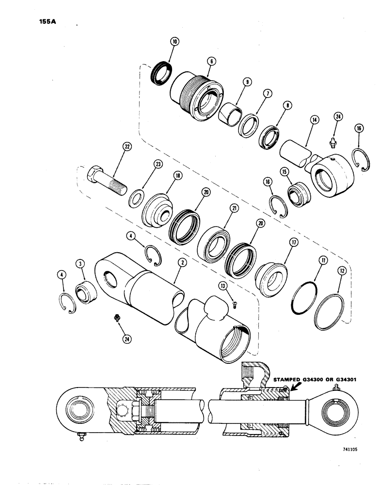 Схема запчастей Case W24B - (155A) - G34300 AND G34301 STEERING CYLINDERS, GLAND IS STAMPED WITH CYL. PART NUMBER (05) - STEERING