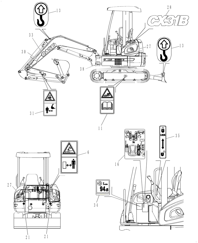 Схема запчастей Case CX31B - (4.520[02]) - DECALS - CANOPY (90) - PLATFORM, CAB, BODYWORK AND DECALS