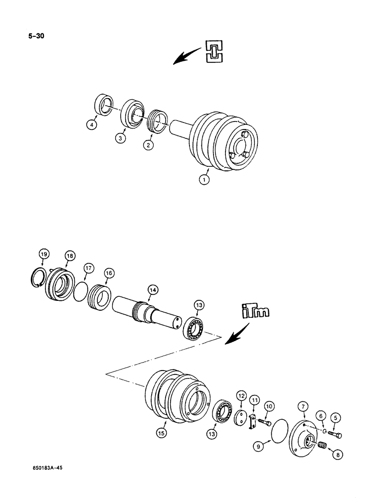 Схема запчастей Case 125B - (5-30) - TRACK CARRIER ROLLER, P.I.N. 74251 THROUGH 74879, 21819 THROUGH 21861 (11) - TRACKS/STEERING