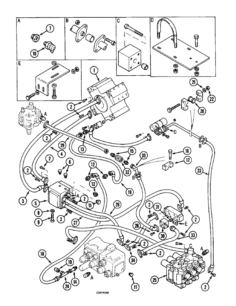 Схема запчастей Case 220B - (8-012) - HYDRAULIC PUMP LINES, HIGH PRESSURE PUMP TO CONTROL VALVES, P.I.N 74570 - 74597, P.I.N 03201 - 03208 (08) - HYDRAULICS