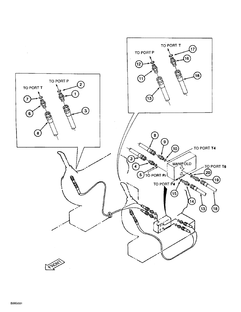 Схема запчастей Case 9060B - (8-038) - MANUAL CONTROL VALVE PRESSURE AND RETURN LINES (08) - HYDRAULICS