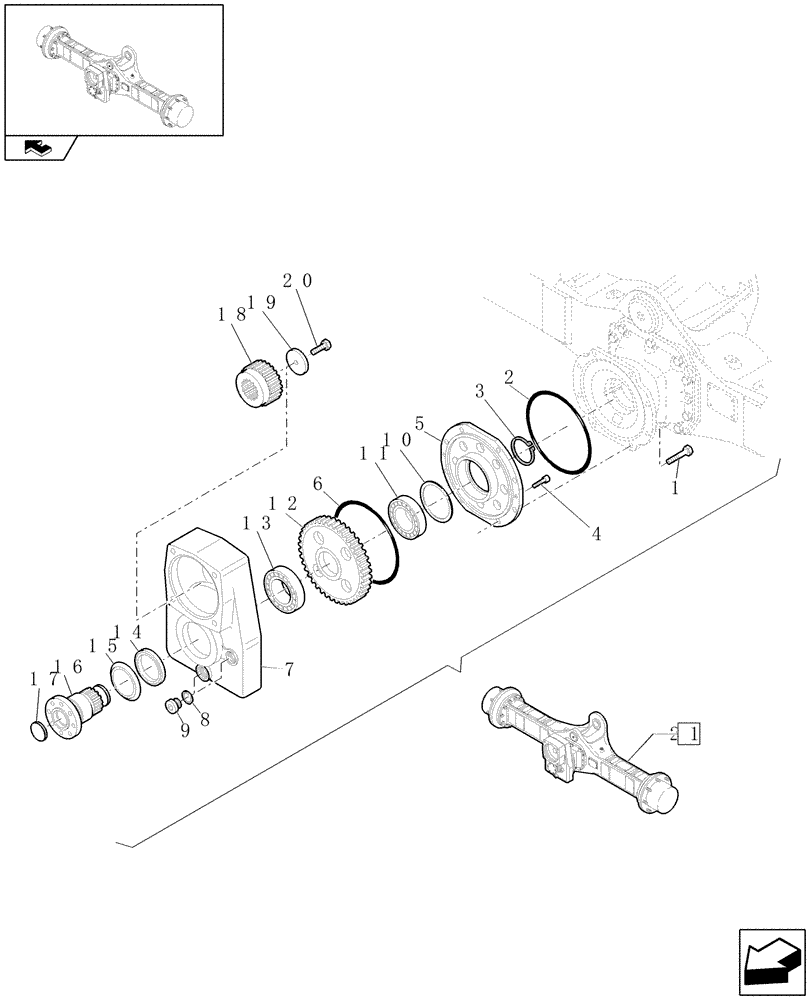 Схема запчастей Case 121E - (073/01[09]) - 20 KM/H REAR SELF-LOCKING AXLE: GEARBOX (05) - REAR AXLE