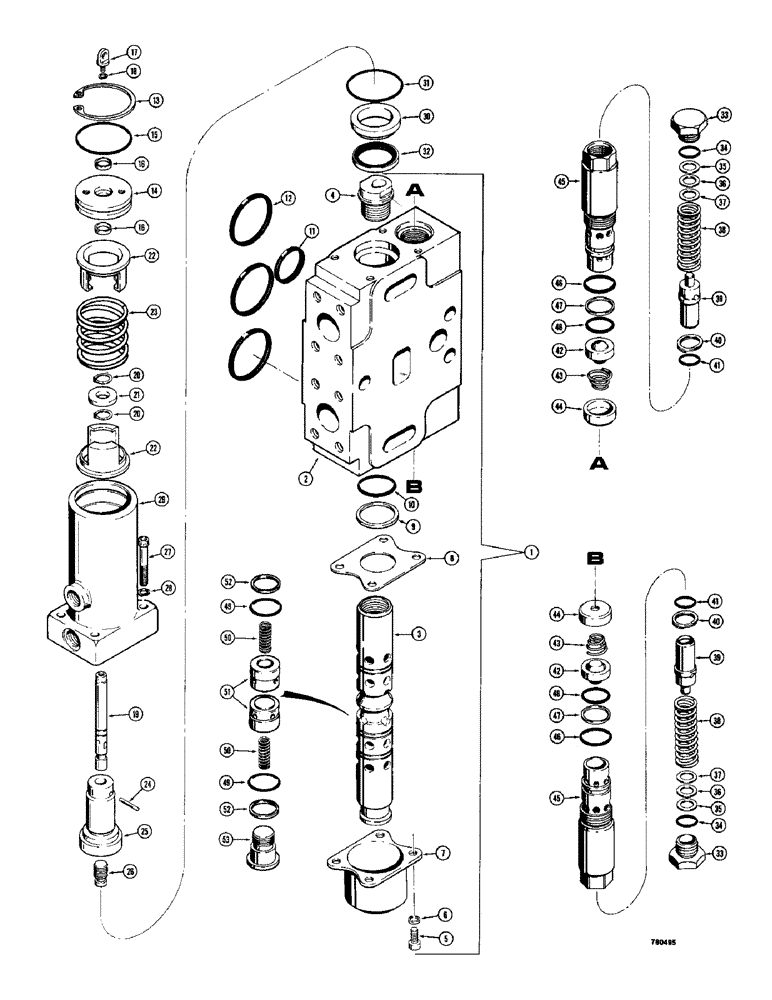 Схема запчастей Case 780 - (374) - BACKHOE CONTROL VALVE, D53289 AND D55250 BUCKET AND DIPPER SECTIONS (08) - HYDRAULICS