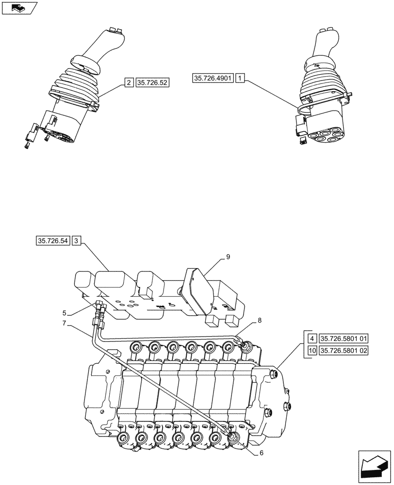 Схема запчастей Case 590SN - (35.726.4701) - VALVE - PILOT CONTROL AND JOYSTICKS (7 SPOOL, W/O EXT DIPPER, W/ AUX HYDS) - D9006 (35) - HYDRAULIC SYSTEMS