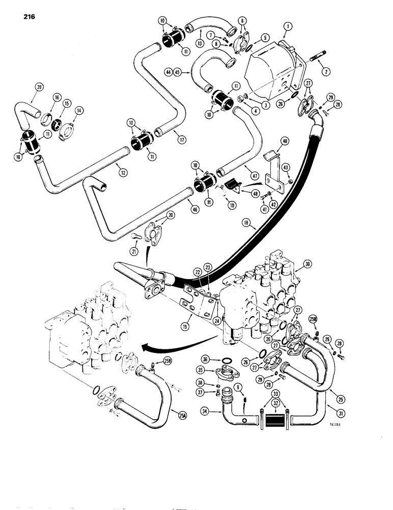 Схема запчастей Case 1150B - (216) - EQUIPMENT BASIC HYD. CONTROL CIRCUIT, HYDRAULIC PUMP TO EQUIP. CONTROL VALVE W/ SIDE PORTED PUMP (07) - HYDRAULIC SYSTEM