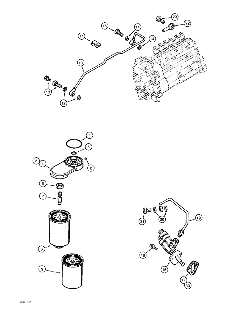 Схема запчастей Case 1150E - (3-20) - FUEL FILTER AND TRANSFER PUMP, 6-830 ENGINE, 6T-830 ENGINE (03) - FUEL SYSTEM