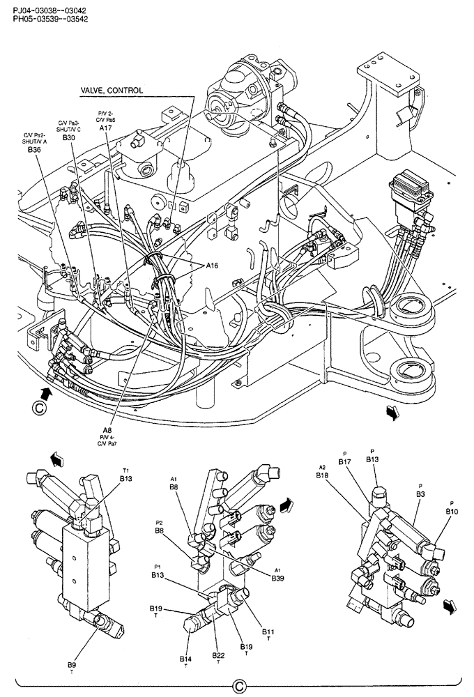 Схема запчастей Case CX50B - (02-052) - CONTROL LINES, REMOTE (NIBBLER & BREAKER) P/N HX34L04135DX (05) - SUPERSTRUCTURE