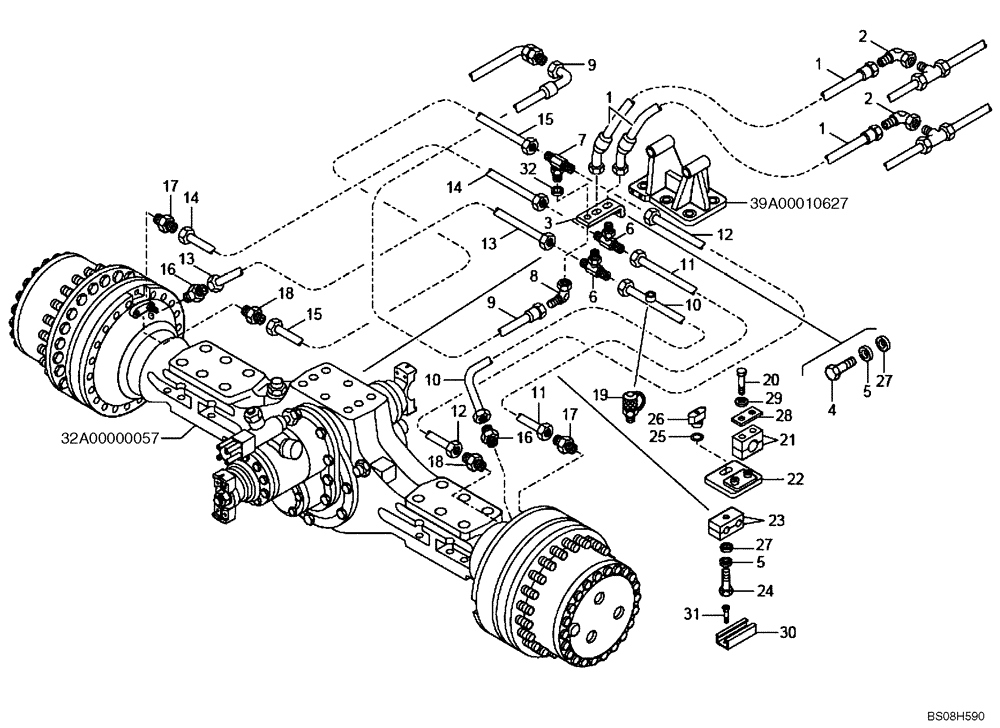 Схема запчастей Case 340B - (47A00031772[001]) - BRAKE LINES - INTERMEDIATE AXLE (84143778) (09) - Implement / Hydraulics / Frame / Brakes