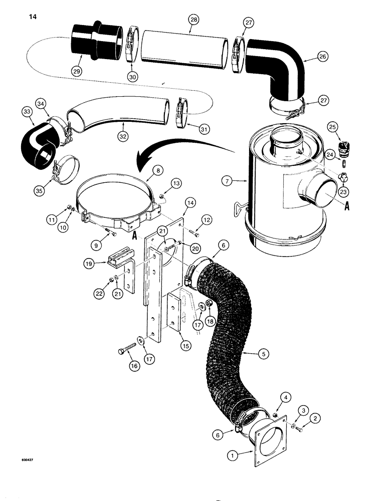 Схема запчастей Case 1280B - (014) - AIR CLEANER AND AIR INTAKE PARTS, FOR CASE ENGINE (02) - ENGINE