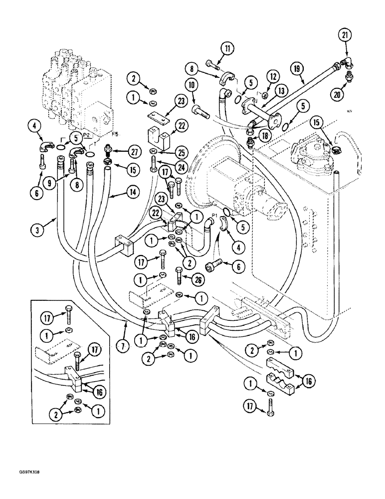 Схема запчастей Case 888 - (8B-04) - HYD. PUMP LINES, PUMP TO ATTACHMENT CNTRL. VALVE, P.I.N. 15401 THRU 15637, P.I.N. 106801 THRU 106811 (08) - HYDRAULICS