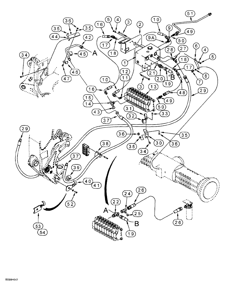 Схема запчастей Case 580SL - (8-050) - BACKHOE AUXILIARY HYDRAULICS, AUXILIARY AND BACKHOE CONTROL VALVES TO SWING TOWER (08) - HYDRAULICS