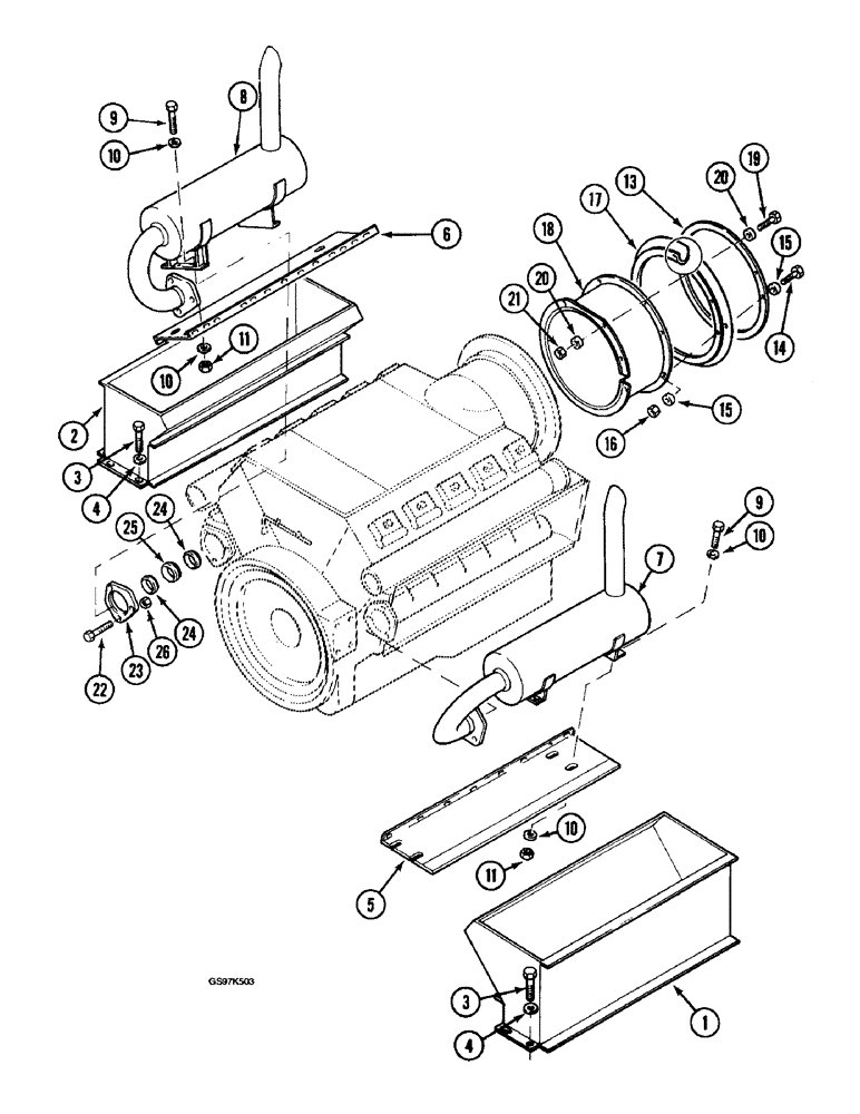 Схема запчастей Case 220B - (2-07) - EXHAUST SYSTEM AND ENGINE AIR COOLING PARTS, P.I.N. 03217 AND AFTER (02) - ENGINE