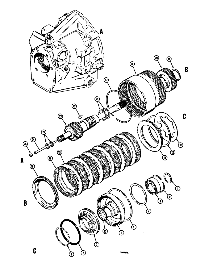 Схема запчастей Case 350B - (102) - POWER SHUTTLE, INPUT SHAFT AND FORWARD CLUTCH (03) - TRANSMISSION