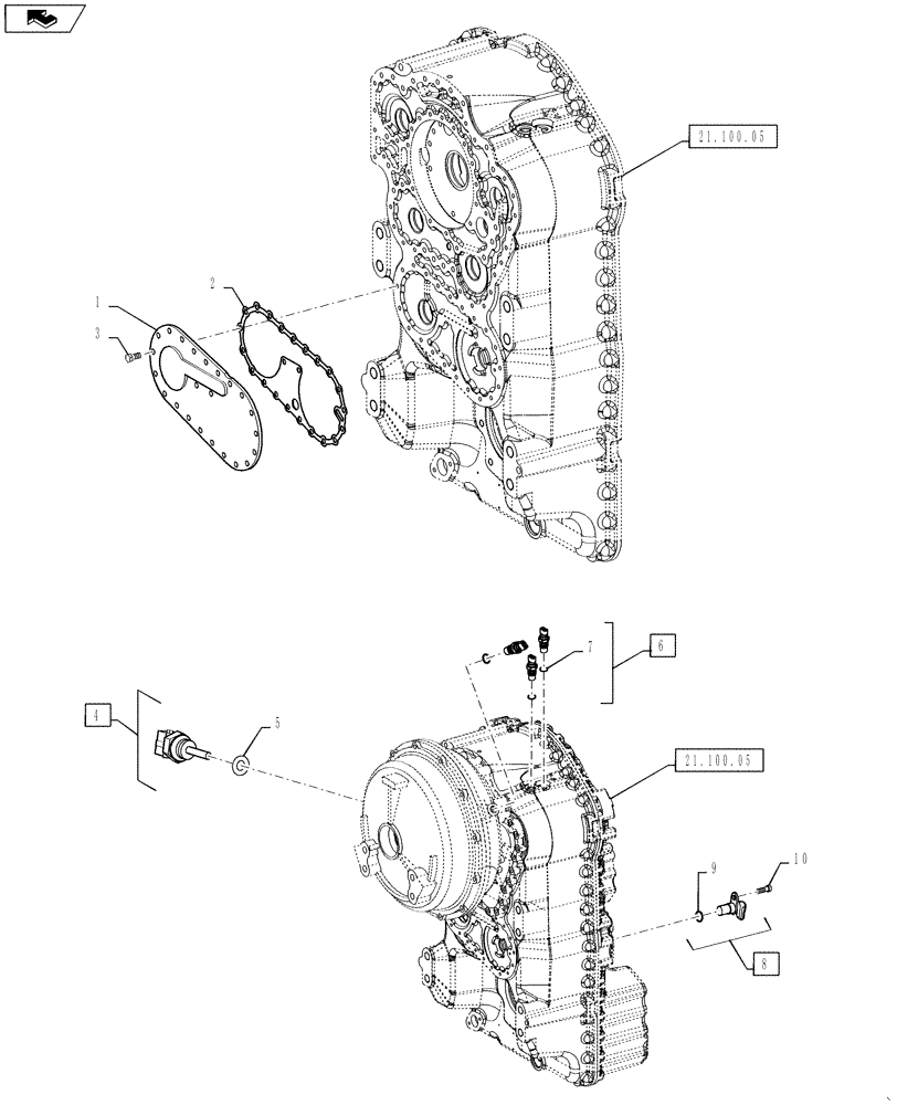 Схема запчастей Case 621F - (21.100.11) - TRANSMISSION SENSORS AND PUMP COVER (21) - TRANSMISSION