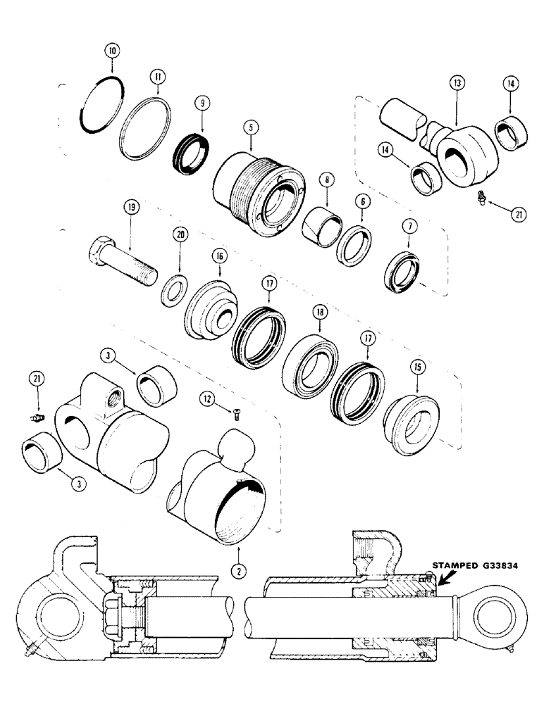 Схема запчастей Case 36 - (86) - G33834 BUCKET CYL. 4" DIA. CYL. W/27-1/4" STROKE GLAND W/CENTER BEARING 