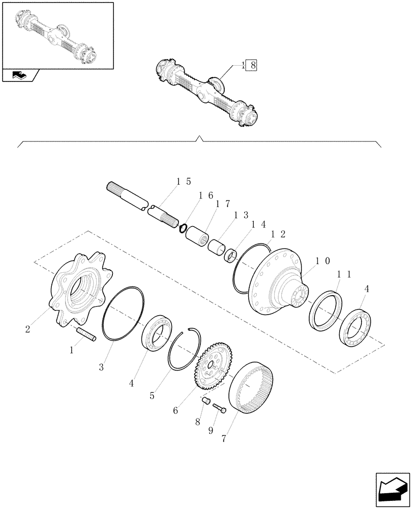 Схема запчастей Case 21E - (076[06]) - 20 KM/H FRONT RIGID AXLE: WHEEL HUB (04) - FRONT AXLE