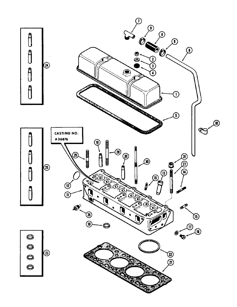 Схема запчастей Case 480CK - (011A) - CYLINDER HEAD ASSEMBLY, (188) DIESEL ENGINE, USED PRIOR TO ENGINE SERIAL NUMBER 2627377 