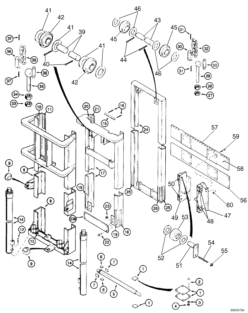 Схема запчастей Case 584E - (9-024) - 6.5 M (21-1/2 FOOT) MAST FOR 584E, MODELS WITH DUAL LIFT CYLINDERS, WITH 31 DEGREE FORWARD MAST TILT (09) - CHASSIS/ATTACHMENTS