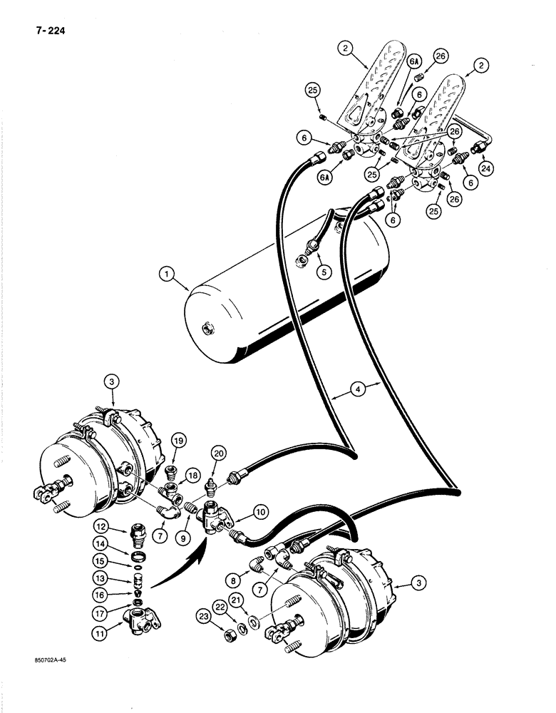 Схема запчастей Case 780C - (7-224) - BRAKE SYSTEM, RESERVOIR TO BRAKE TREADLES, QUICK RELEASE VALVE AND BRAKE ACTUATOR (07) - BRAKES