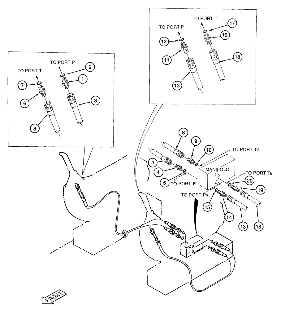 Схема запчастей Case 9050B - (8-044) - MANUAL CONTROL VALVE PRESSURE AND RETURN LINES (08) - HYDRAULICS