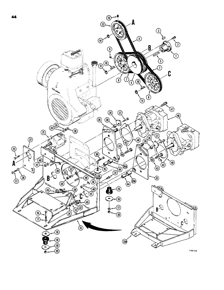 Схема запчастей Case 1816B - (44) - SHEAVES, DRIVE BELTS, AND PUMP MOUNTING (14) - MAIN GEARBOX & DRIVE