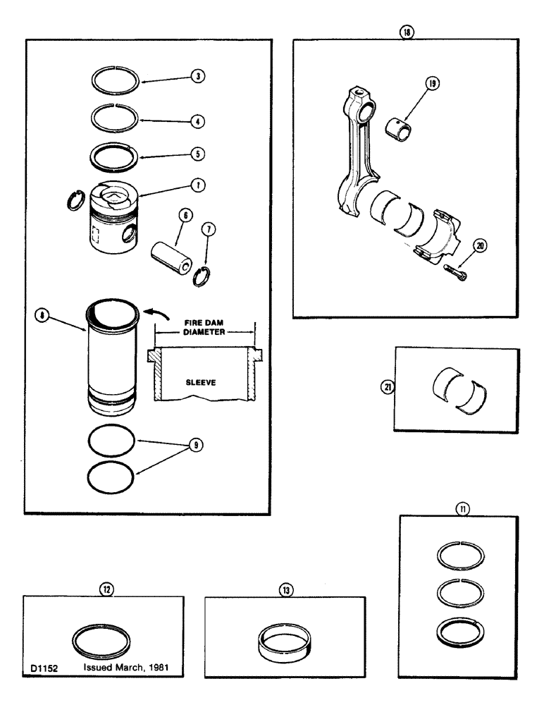 Схема запчастей Case 825 - (038) - PISTONS AND SLEEVES, WITH 5.092 INCH TO 5.097 INCH FIRE DAM DIAMETER SLEEVE, (336BDT) DIESEL ENGINE (01) - ENGINE