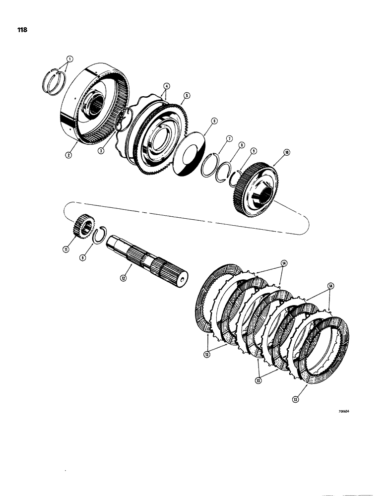 Схема запчастей Case W26B - (118) - TRANSMISSION, INTERMEDIATE RANGE CLUTCH AND MAIN SHAFT (06) - POWER TRAIN